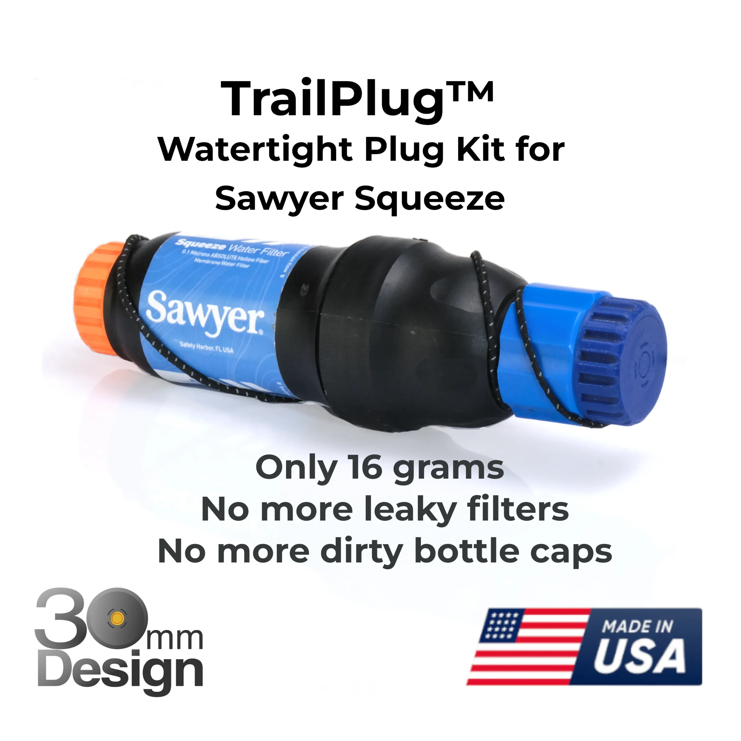 TrailPlug™- the ultralight watertight plug for Sawyer Squeeze Water Filters, w/ Optional Coupler